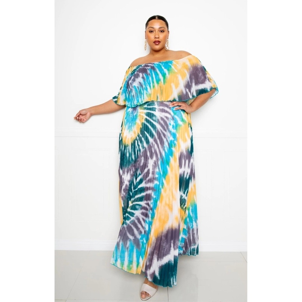 Thick Women 3X Tie Dye Pleated Off Shoulder Maxi Dress BD92158X-4 Teal‎ Yellow